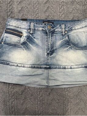 Almost Famous Faded Blue Denim Mini Skirt with Studded Belt Loops